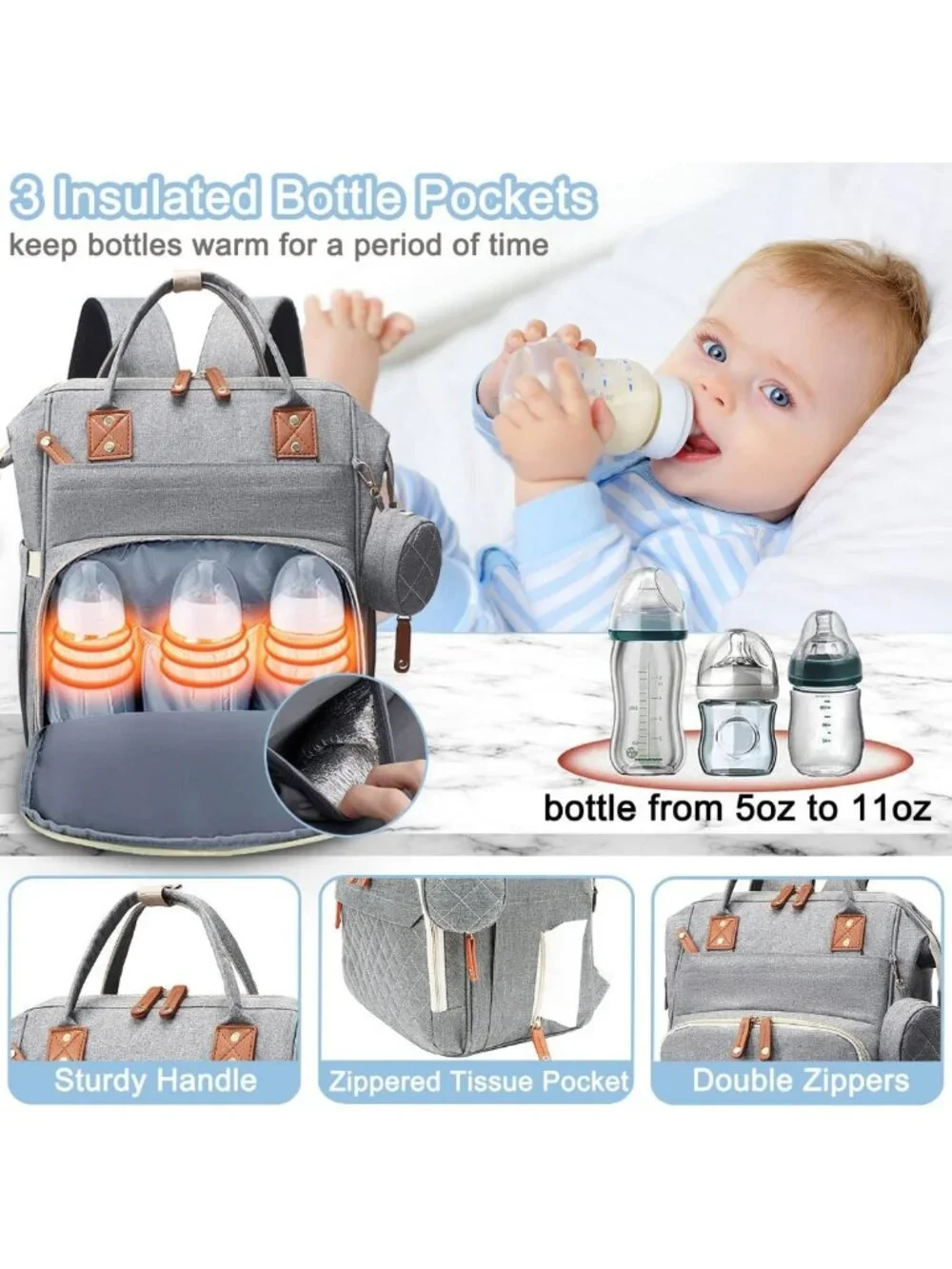 Stylish Diaper Bag Backpack for Baby, 16 Pockets, Unisex Travel Baby Bag